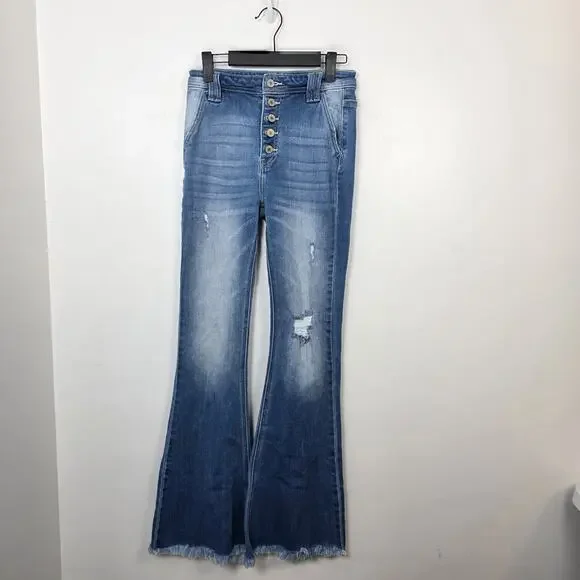 Kancan Medium Wash Distressed Raw Hem High Rise Sian Flare Jeans Size 25 - Picture 2 of 7